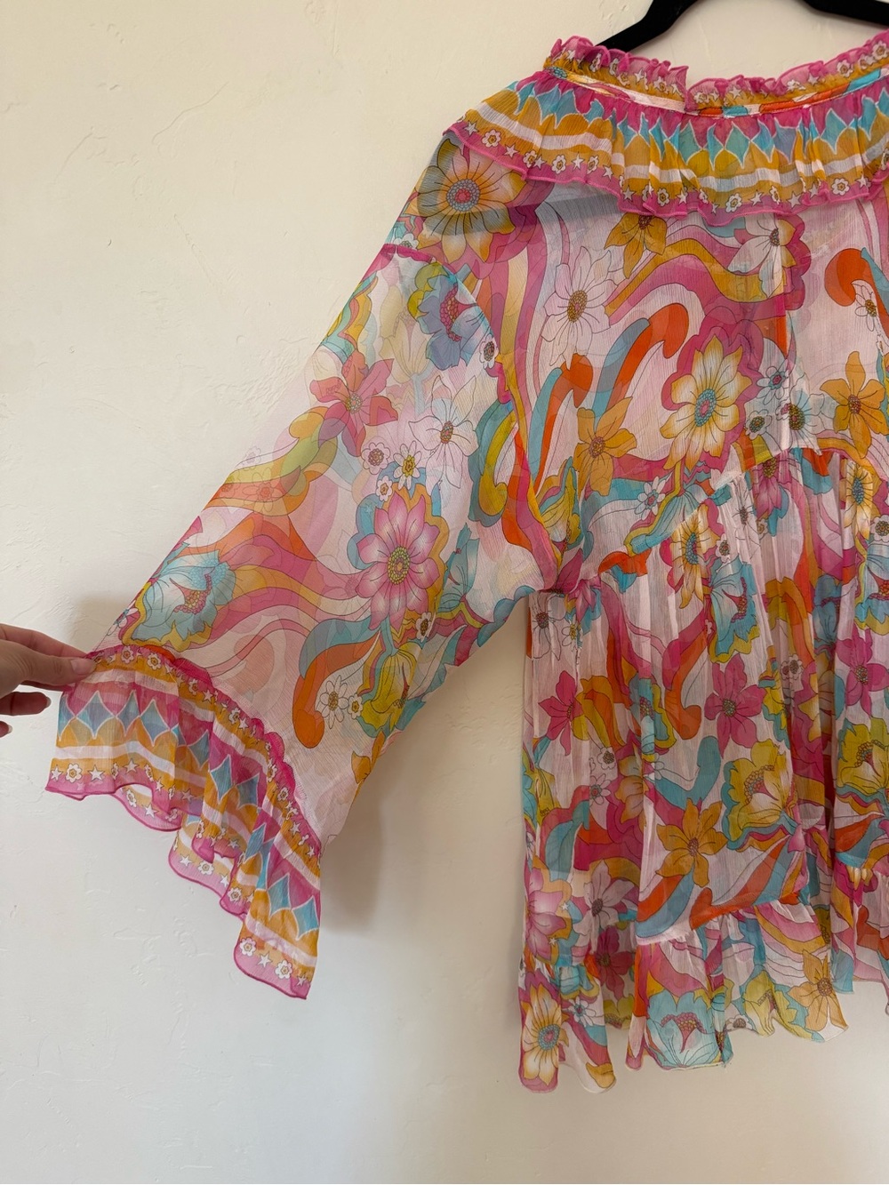 Silk Floral Boho Blouse Johnny Was Jade Gal Ruffle Tie Prismatic Dream XS - Picture 8 of 12